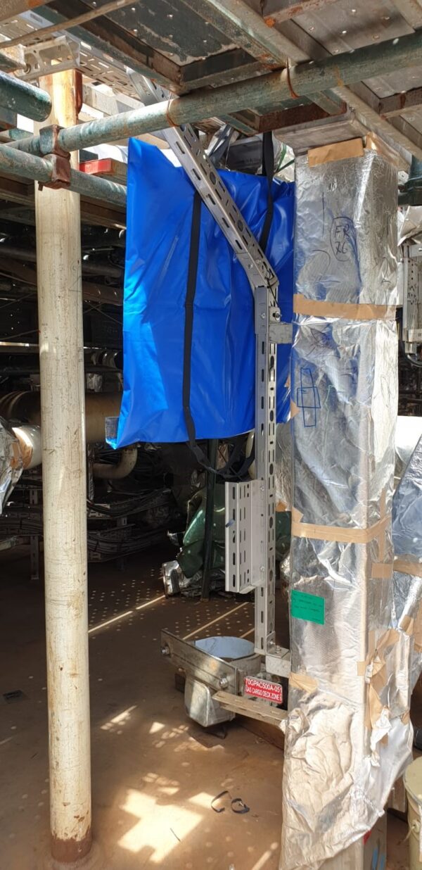 R-400 fire retardant blue bag covering electrical cables in preparation for transport